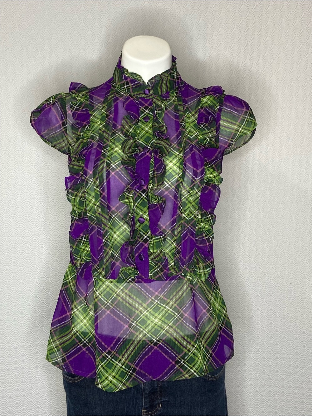 CECICO Vintage Y2K Plaid Ruffled Blouse Short Sleeve Sheer Button Front Medium